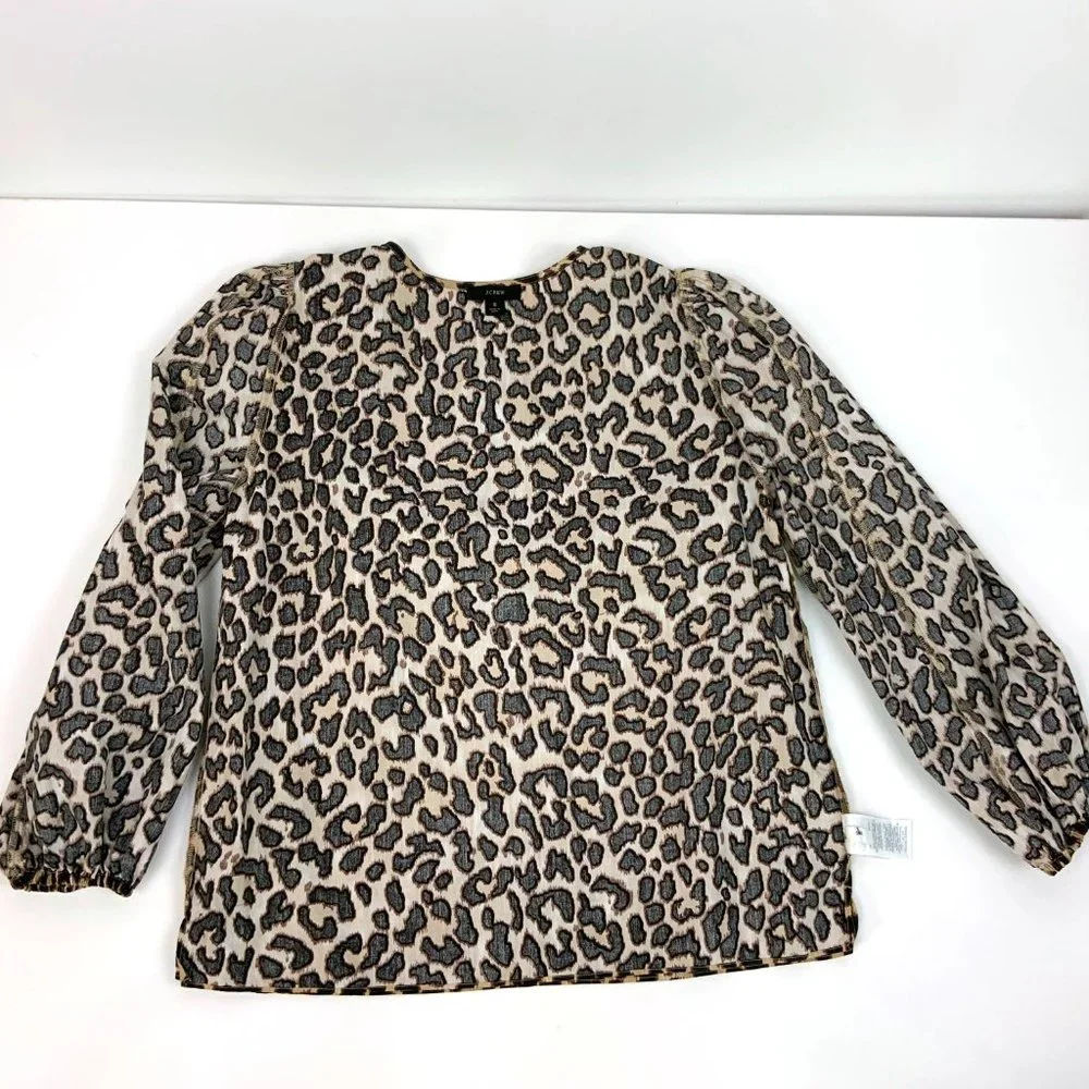 J. Crew Cotton Leopard Print Long Ruffle Trim Sleeves Blouse Sz S